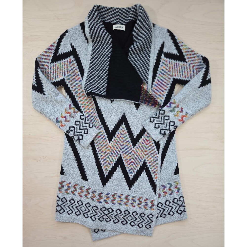 Adora Gray Aztec Blanket Open Front Cardigan Sweater Women's Small Cozy Colorful
